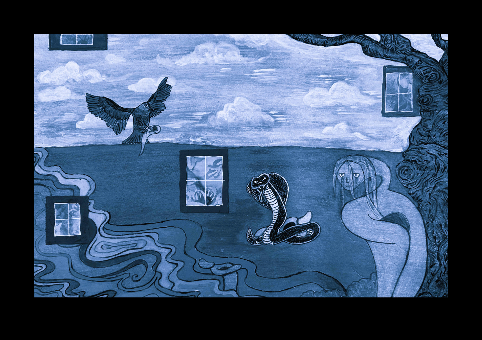 a cool-toned monochromatic painting of the tale of patacara