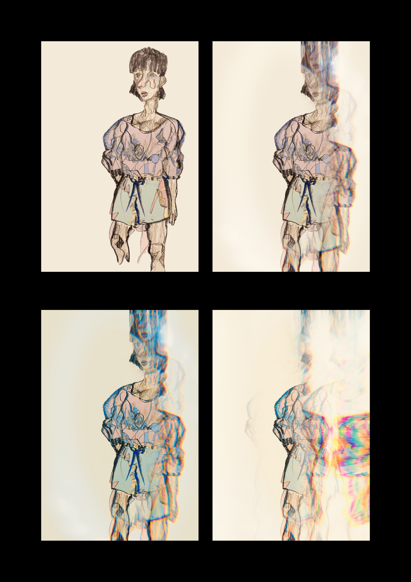 four edited pictures on a black background. the same Egon Schiele-inspired self-portrait edited to add distortions and refractions of light/color and flesh, an examination of puberty through the body horror-informed lens of human paranoia pitted against our own biological makeup for internal changes outside of one's control.